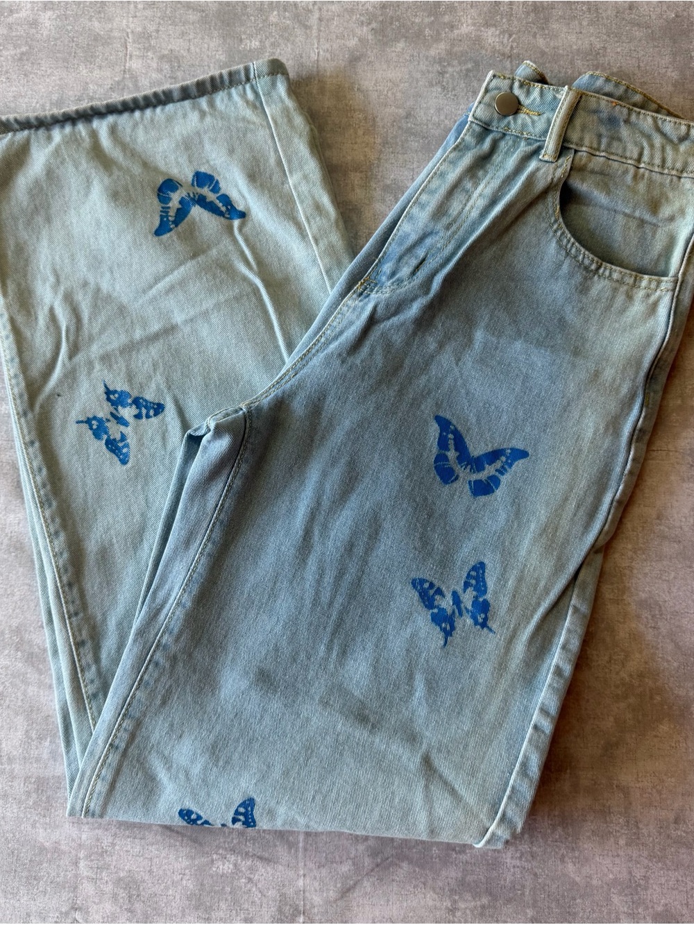 SHEIN Light Blue Baggy Flair Leg Jeans with Blue Butterfly Prints